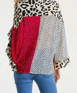 Umgee USA Sheer Multi-Animal Print Split Ruffled Sleeve Surplice Top Ladies