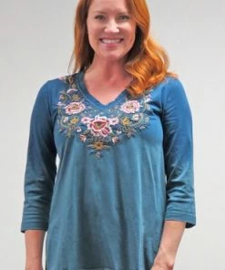 Caite Dark Teal Tie Dye Mid Sleeve Top Blouses