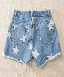 Trendnotes DENIM DISTRESSED STAR PRINT SHORTS