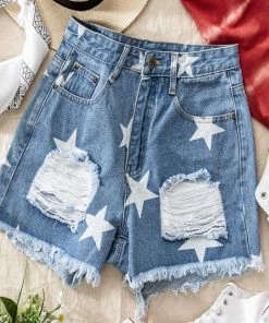 Trendnotes DENIM DISTRESSED STAR PRINT SHORTS