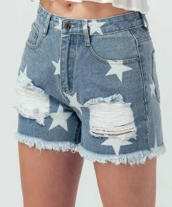Trendnotes DENIM DISTRESSED STAR PRINT SHORTS