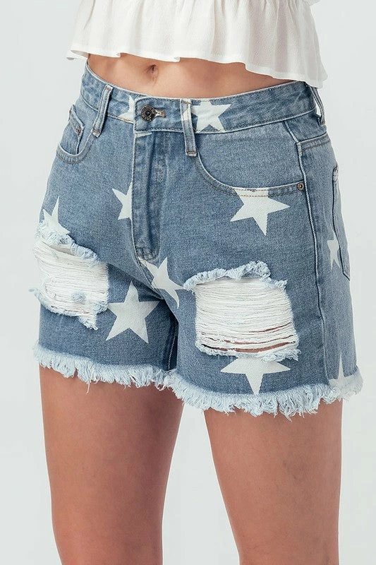 Trendnotes DENIM DISTRESSED STAR PRINT SHORTS