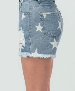Trendnotes DENIM DISTRESSED STAR PRINT SHORTS