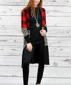 Fashion Wholesale Dusters - Kimonos Buffalo Plaid And Leopard Cardigan With Pockets