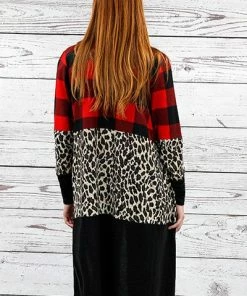 Fashion Wholesale Dusters - Kimonos Buffalo Plaid And Leopard Cardigan With Pockets