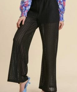 Umgee Sheer Elastic Waist Lace Detail Palazzo Pants
