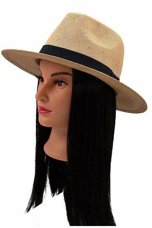 Andrea Bijoux BLACK BAND ACCENT STRAW FEDORA SUN HAT -2 Colors Ball Caps