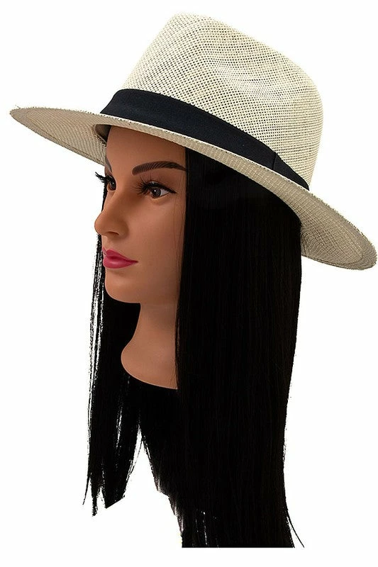 Andrea Bijoux BLACK BAND ACCENT STRAW FEDORA SUN HAT -2 Colors Ball Caps