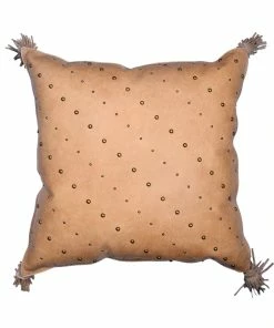 HiEnd English Tan Leather Hide Throw Pillow W/ Studs And Tassel, 20x20 Decor