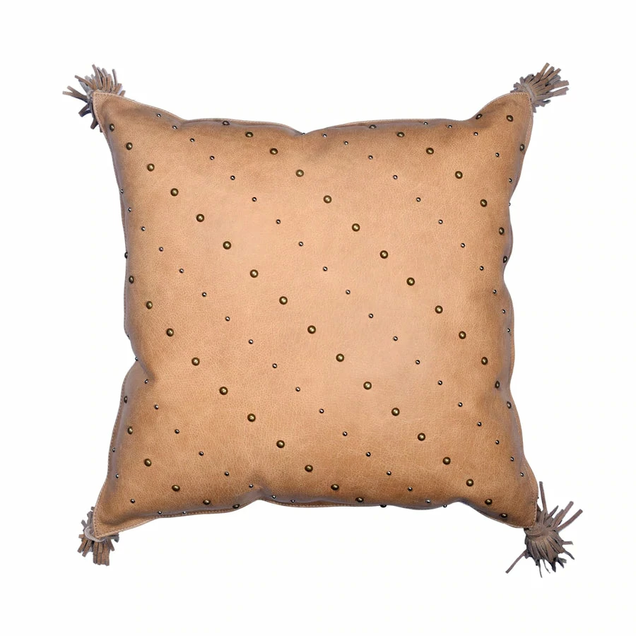 HiEnd English Tan Leather Hide Throw Pillow W/ Studs And Tassel, 20x20 Decor
