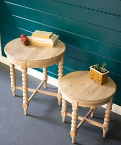 Kalalou Decor Round Wooden Side Tables With Turned Legs