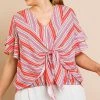 Umgee Striped Layered Ruffle Short Sleeve V-Neck Top Accessories