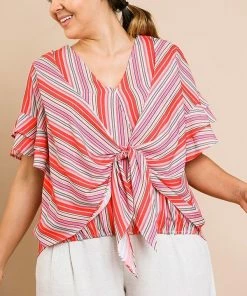 Umgee Striped Layered Ruffle Short Sleeve V-Neck Top Accessories