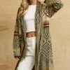 GiGio Pattern Knitting Long Cardigan With Fringe Detail