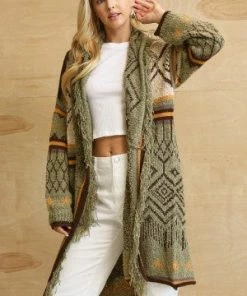 GiGio Pattern Knitting Long Cardigan With Fringe Detail