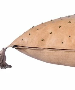 HiEnd English Tan Leather Hide Throw Pillow W/ Studs And Tassel, 20x20 Decor