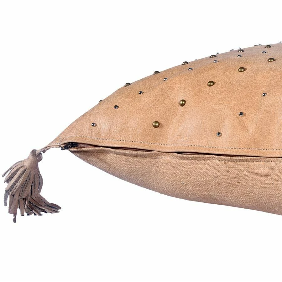 HiEnd English Tan Leather Hide Throw Pillow W/ Studs And Tassel, 20x20 Decor