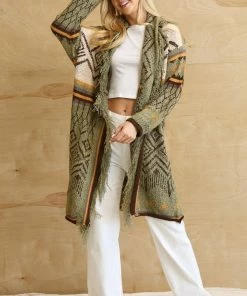 GiGio Pattern Knitting Long Cardigan With Fringe Detail
