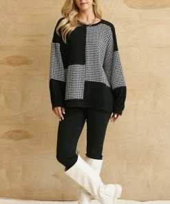 GiGio Textured Houndstooth And Color Block Knit Top