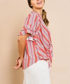 Umgee Striped Layered Ruffle Short Sleeve V-Neck Top Accessories
