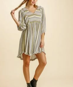 Olive Umgee Multicolored Stripe V-Neck 3/4 Balloon Sleeve Babydoll Dress Ladies