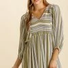 Olive Umgee Multicolored Stripe V-Neck 3/4 Balloon Sleeve Babydoll Dress Ladies