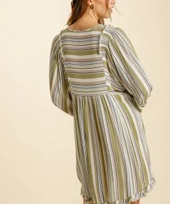 Olive Umgee Multicolored Stripe V-Neck 3/4 Balloon Sleeve Babydoll Dress Ladies