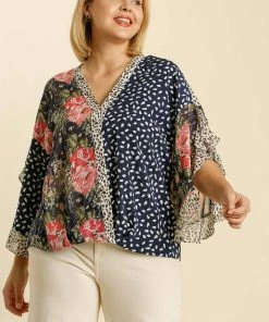 Umgee USA Plus Mixed Printed Split Ruffle Sleeve Top With Metallic Threading Details