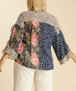 Umgee USA Plus Mixed Printed Split Ruffle Sleeve Top With Metallic Threading Details