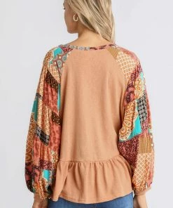 Umgee USA Mixed Print Top With Ruffle-Clay Accessories