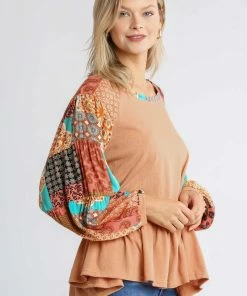 Umgee USA Mixed Print Top With Ruffle-Clay Accessories