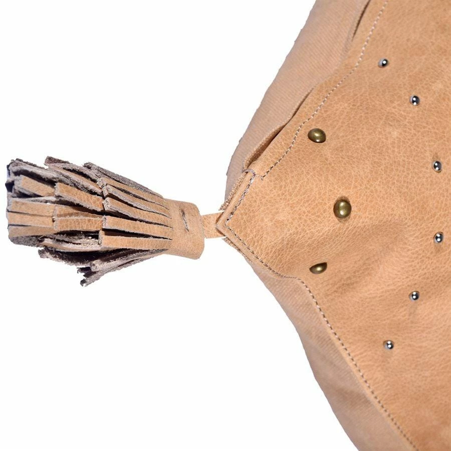 HiEnd English Tan Leather Hide Throw Pillow W/ Studs And Tassel, 20x20 Decor