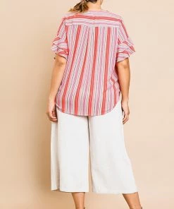 Umgee Striped Layered Ruffle Short Sleeve V-Neck Top Accessories