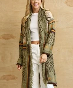 GiGio Pattern Knitting Long Cardigan With Fringe Detail