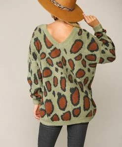 GiGio Leopard Pattern V-Neck Soft Sweater Top Blouses