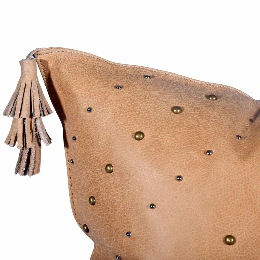 HiEnd English Tan Leather Hide Throw Pillow W/ Studs And Tassel, 20x20 Decor