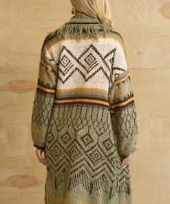 GiGio Pattern Knitting Long Cardigan With Fringe Detail