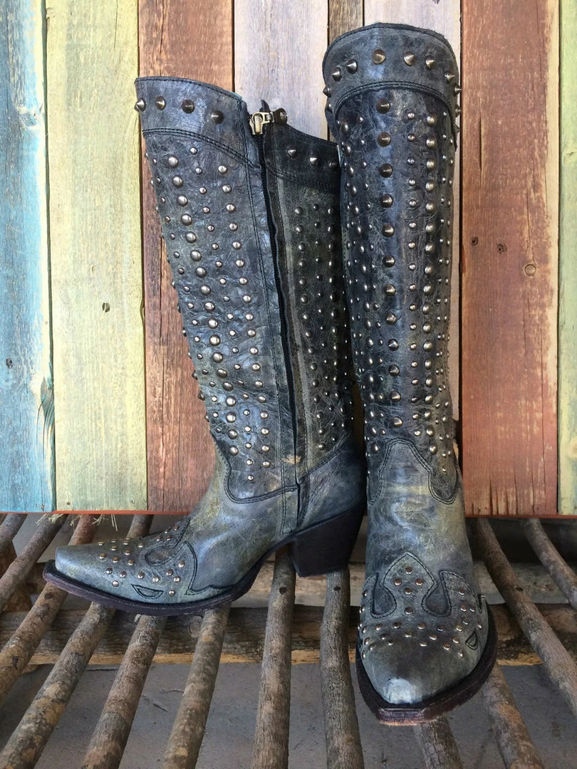 Corral Gray Leather Zip Studded Snip Toe Cowboy Boots C2791 (PM)