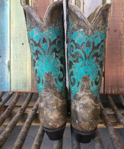 Corral Boots Dark Antique Saddle/ Turquoise Inlay & Studs R1213 (PM)