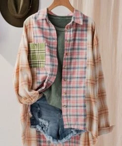 Trendnotes Jackets Plaid Patched Oversized Button Down Shirt