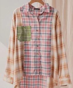 Trendnotes Jackets Plaid Patched Oversized Button Down Shirt