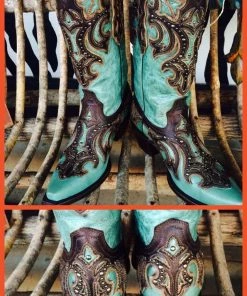 Corral Women's Turquoise Studded With Chocolate Overlay Snip Toe Boots - G1184 (PM)