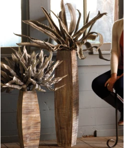 Kalalou Decor White-Washed Tall Oblong Wooden Vases - Set Of 2