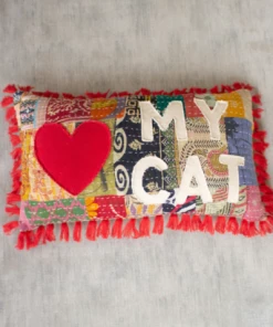 Kalalou Love My Cat Kantha Pillow