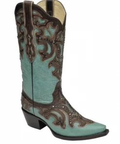 Corral Women's Turquoise Studded With Chocolate Overlay Snip Toe Boots - G1184 (PM)