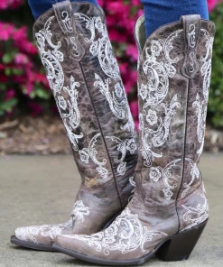 Boots Corral Brown White Full Stitch And Studs G1027 -(PM)