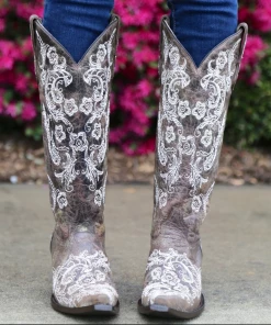 Boots Corral Brown White Full Stitch And Studs G1027 -(PM)