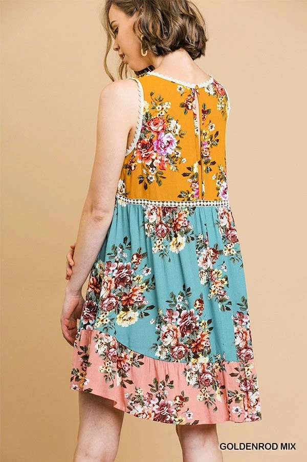 Umgee FLORAL MIXED PRINT DRESS