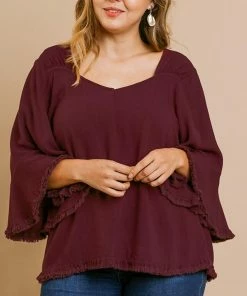 Umgee Ladies Wine Linen Blend Bell Ruffle Sleeve Top