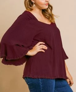 Umgee Ladies Wine Linen Blend Bell Ruffle Sleeve Top
